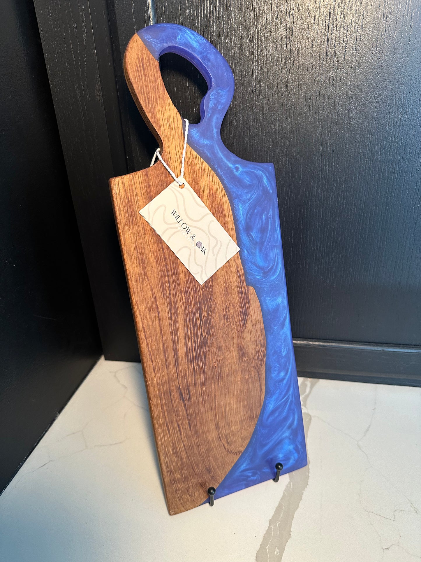 Teak Wood with Cobalt Blue Epoxy Organic Handle Charcuterie Board - 18" x 6.25" x 0.5"