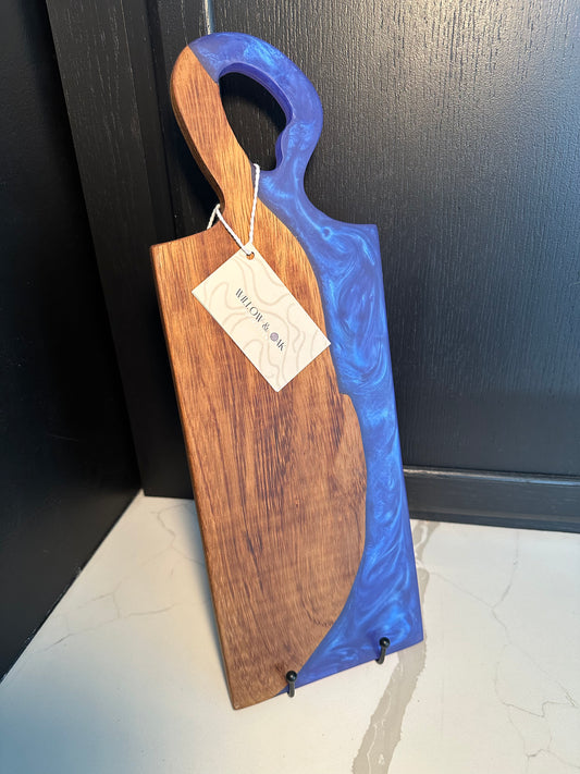 Teak Wood with Cobalt Blue Epoxy Organic Handle Charcuterie Board - 18" x 6.25" x 0.5"