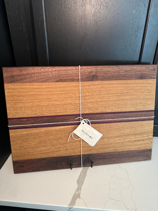 Walnut, Teak, and Purple Heart Serving Board (Rubber Feet) - 20" x 14" x 0.75"